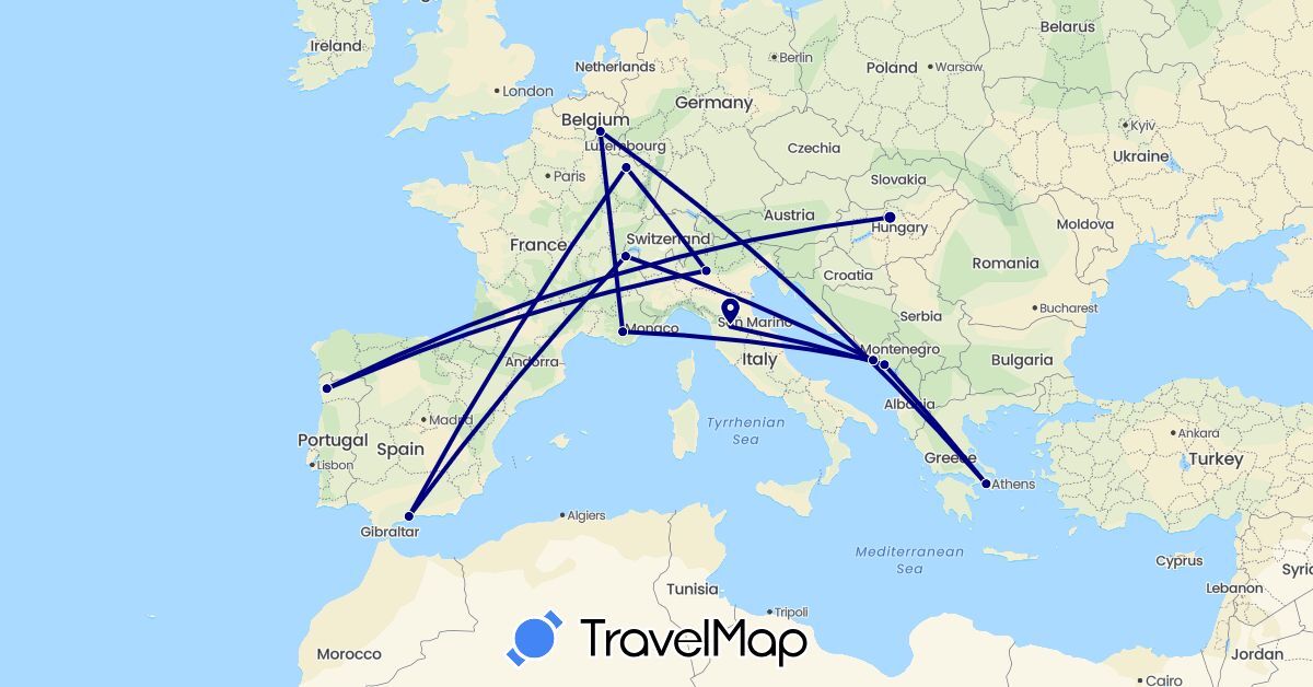 TravelMap itinerary: driving in Belgium, Switzerland, Spain, France, Greece, Croatia, Hungary, Italy, Montenegro, Portugal (Europe)